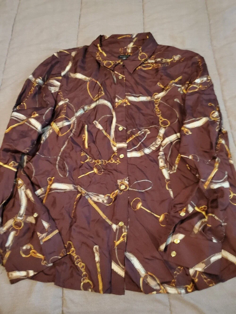 Talbots 100% Silk Charmeuse Blouse Brown Gold Equestrian Chain Bit Print Sz 16 - Picture 2 of 8
